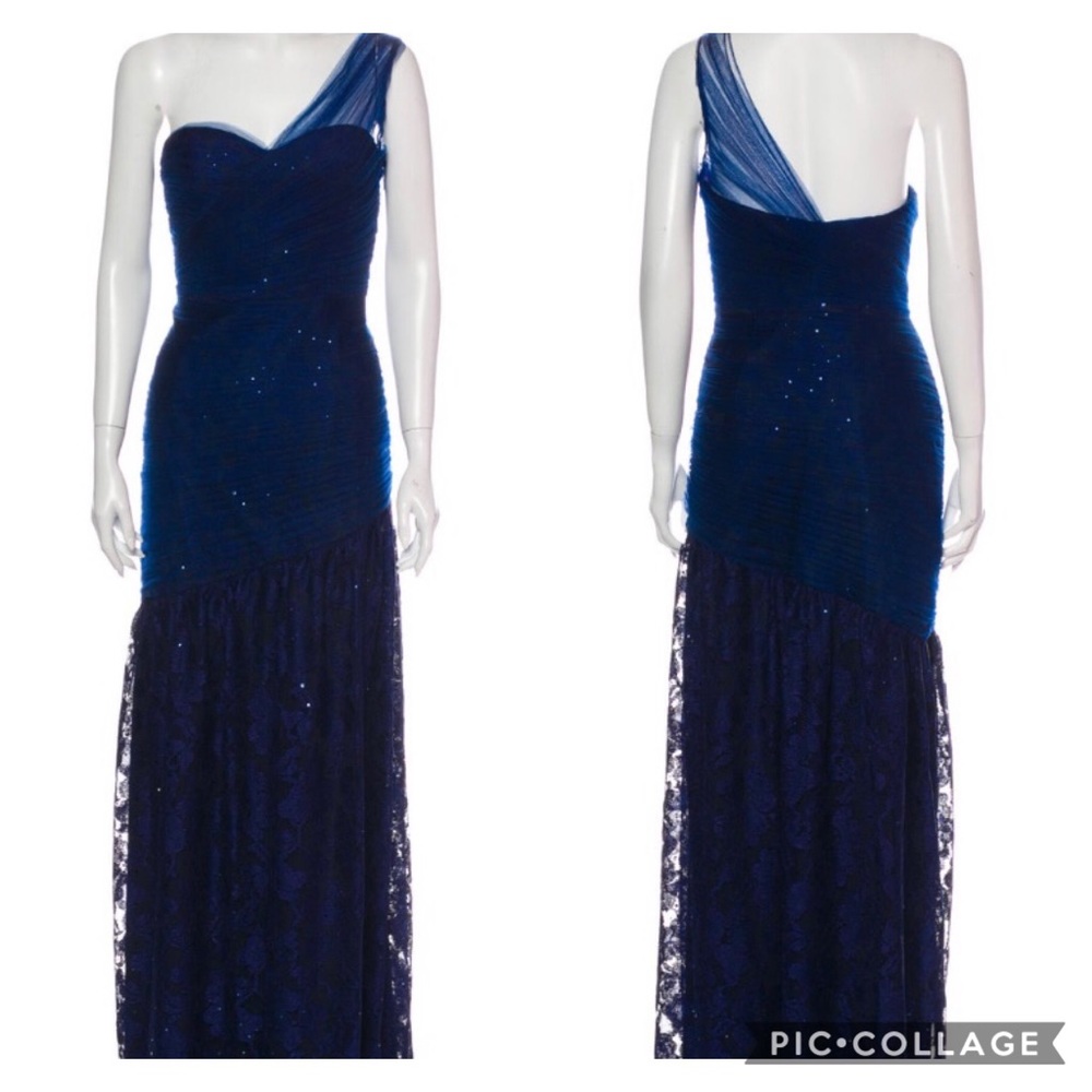 Monique Lhuiller Navy Sequin Lace Gown NWT